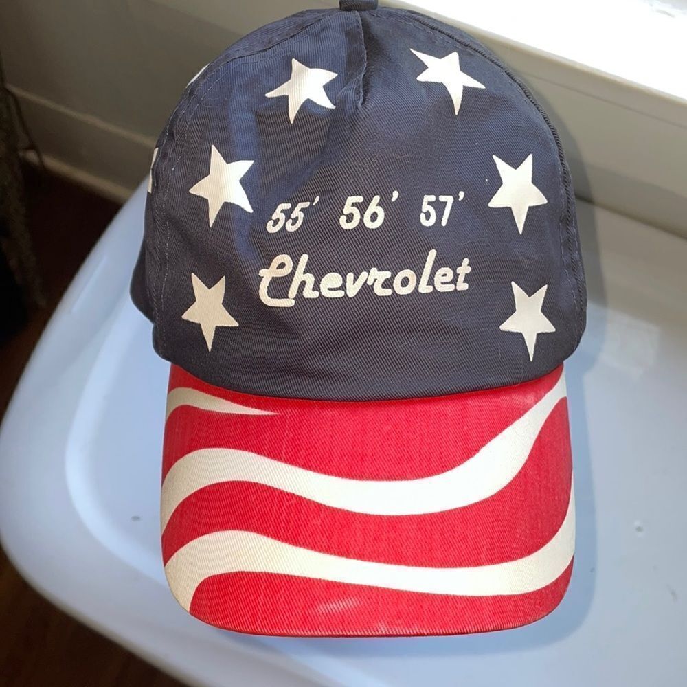 Vintage 55’ 56’ 57’ Chevrolet red, white & blue patriotic flag snap back cap